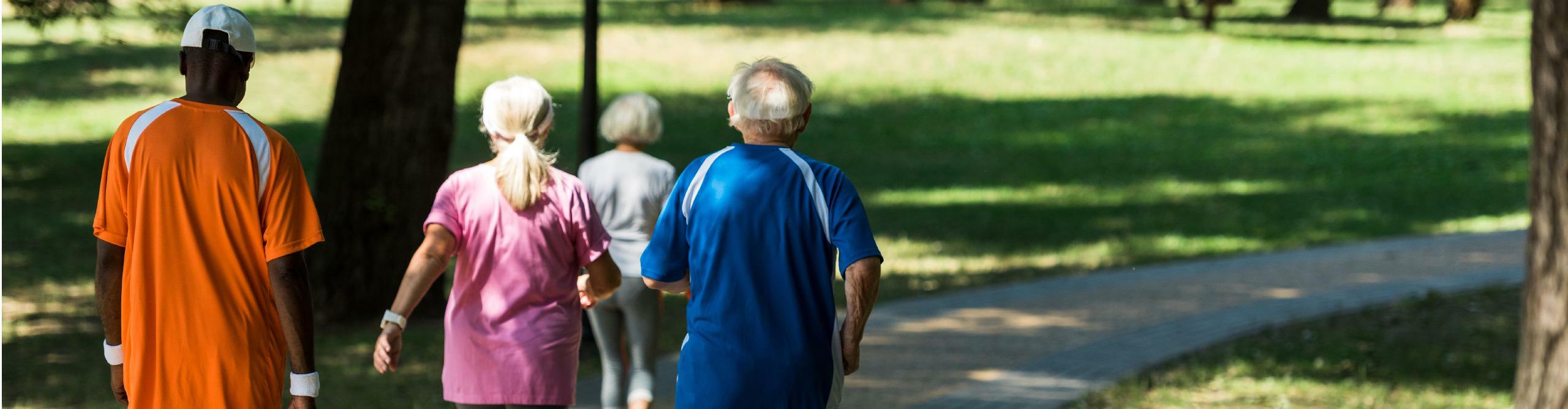 Seniors walking in park. Walk with Ease program reduces the pain of arthritis at the Regional YMCA of Western CT